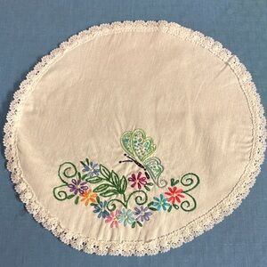 Embroidered Round Doily with Butterfly and Floral Design